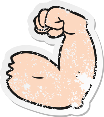 Çizgi filmin gerilmiş çıkartması. Güçlü kol kasları bir insan tarafından çizilmiş.