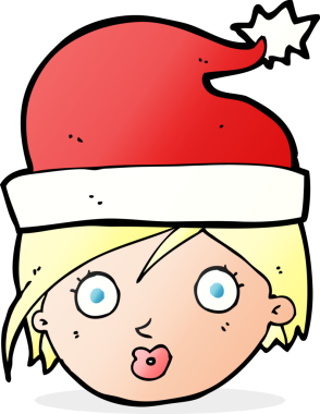 Bir insan tarafından çizilmiş Noel şapkalı karikatür kadın.