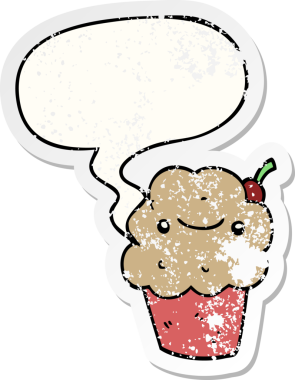 Konuşma balonlu çizgi film keki bir insan tarafından çizilmiş sıkıntılı eski bir çıkartma