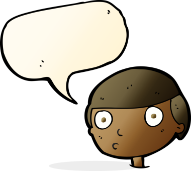 Bir insan tarafından çizilmiş konuşma balonuyla bakan çizgi film çocuğu.