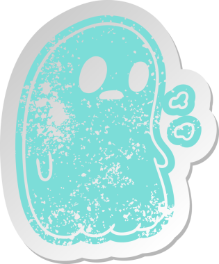 Bir insan tarafından çizilmiş kawai sevimli bir hayaletin sıkıntılı eski çizgi film çıkartması.