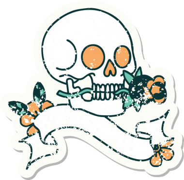 Bir insan tarafından çizilmiş kafatasının pankartıyla eski bir etiket.