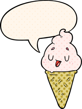 Bir insan tarafından çizilmiş çizgi roman tarzında konuşma baloncuklu tatlı çizgi film dondurması.