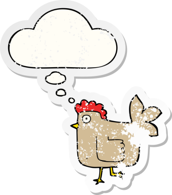 Düşünce baloncuklu çizgi film tavuğu insan tarafından çizilmiş yıpranmış bir çıkartma gibi.