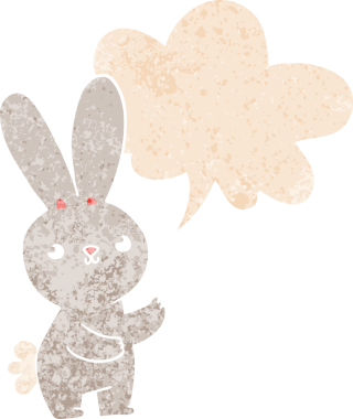 Konuşması kabarcıklı şirin çizgi film tavşanı bir insan tarafından çizilmiş dertli retro tarzı.