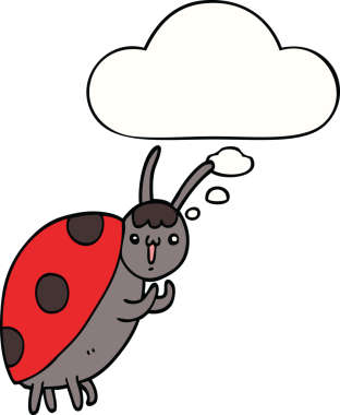 Bir insan tarafından çizilmiş düşünce balonlu sevimli uğur böceği çizgi filmi.