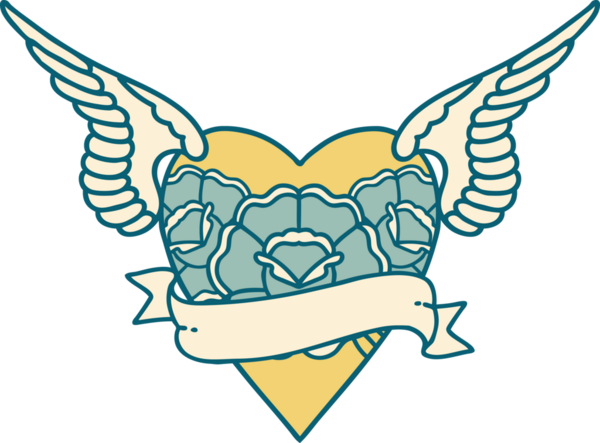 Kanatlı, çiçek ve bir insan tarafından çizilmiş bir kalbin ikonik dövme görüntüsü.