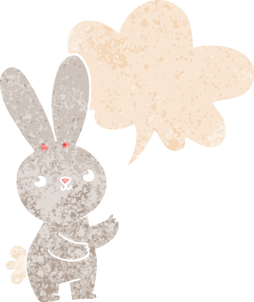 Konuşması kabarcıklı şirin çizgi film tavşanı bir insan tarafından çizilmiş dertli retro tarzı.