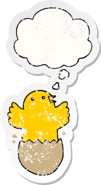 Düşünce baloncuğu ile yumurtadan çıkan çizgi film kuşunun insan tarafından çizilmiş yıpranmış bir çıkartması gibi