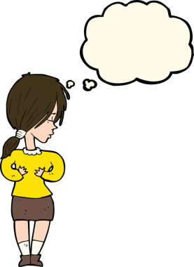 Düşünce baloncuğu bir insan tarafından çizilmiş utangaç bir kadın.