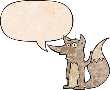 Konuşma baloncuğu olan bir karikatür kurdu insan tarafından çizilmiş.