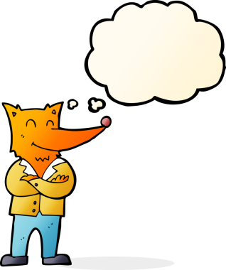 Bir insan tarafından çizilmiş düşünce baloncuklu tişörtlü tilki.