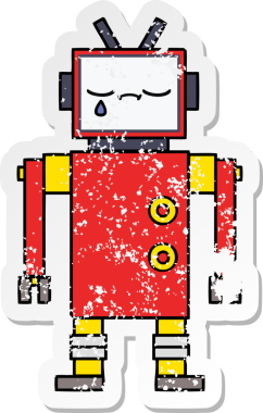 Bir insan tarafından çizilmiş sevimli bir robot çizgi film çıkartması.