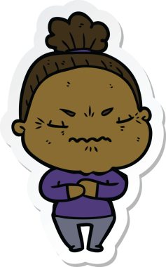 Çizgi film çıkartması. Bir insan tarafından çizilmiş yaşlı bir kadın.