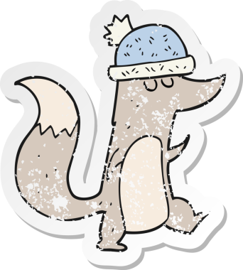 Bir insan tarafından çizilmiş şapkalı küçük bir kurdun gerilmiş çıkartması.