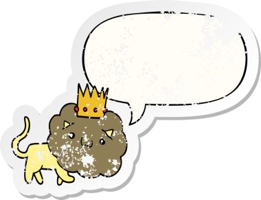 Sözcük baloncuklu çizgi film aslanı bir insan tarafından çizilmiş sıkıntılı eski bir çıkartma.