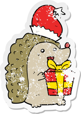 Bir insan tarafından çizilmiş Noel şapkası giyen bir kirpinin sıkıntılı çıkartması.