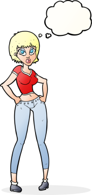 Bir insan tarafından çizilmiş düşünce baloncuğu olan güzel bir kadın.