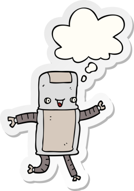 Düşünce baloncuğu insan tarafından çizilmiş bir çıkartma olan çizgi film robotu.