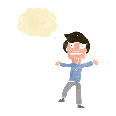 Bir insan tarafından çizilen düşünce baloncuğuyla panikleyen çizgi film çocuğu.