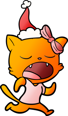 Bir insan tarafından çizilmiş Noel Baba şapkası giymiş esneyen bir kedinin el çizimi karikatürü.