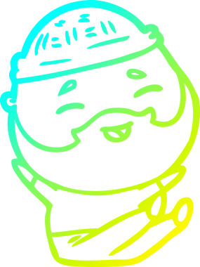 Bir insan tarafından çizilmiş, mutlu, sakallı, çizgi film karakteri.