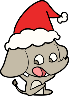 Bir insan tarafından çizilmiş Noel Baba şapkası takan bir fil çizilmiş.