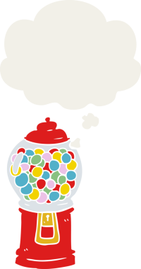 bir insan tarafından çizilmiş, düşünce baloncuklu sakız makinesi.