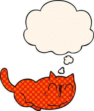 Bir insan tarafından çizilmiş çizgi roman tarzı düşünce balonu olan mutlu çizgi film kedisi.