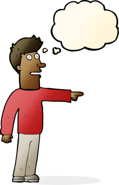 Bir insan tarafından çizilen düşünce baloncuğuyla işaret eden çizgi film adamı.