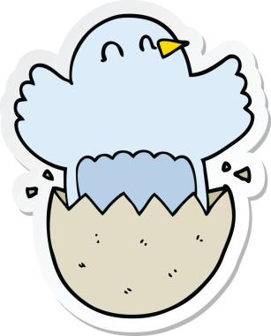 Bir insan tarafından çizilmiş yumurtadan çıkan tavuk etiketi.