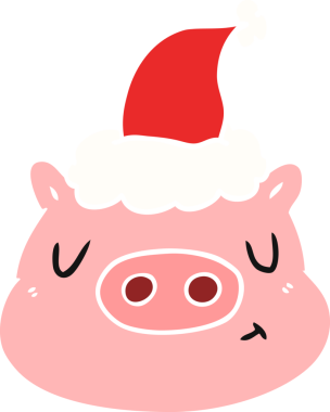 Bir insan tarafından çizilmiş Noel Baba şapkası takan bir domuzun düz renkli çizimi.