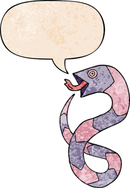 Bir insan tarafından çizilmiş eski moda konuşma baloncuklu tıslayan çizgi film yılanı.