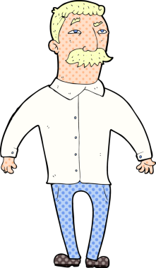 Bir insan tarafından çizilmiş bıyıklı bir çizgi film adamı.