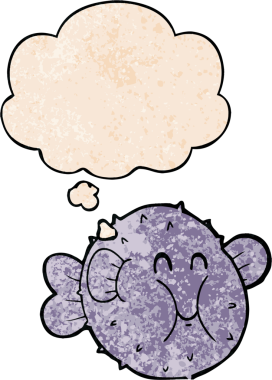 Düşünce baloncuklu balon balığı, bir insan tarafından çizilmiş grunge desenli.