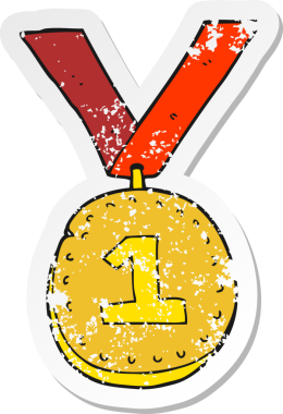 Çizgi filmin gerilimli retro çıkartması bir insan tarafından çizilmiş birincilik madalyası