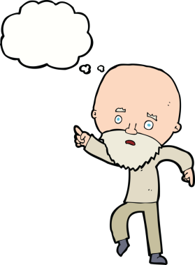 Çizgi film endişeli yaşlı adam bir insan tarafından çizilmiş düşünce balonuyla işaret ediyor.