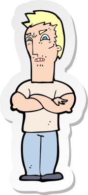 Çizgi film çıkartması. Bir insan tarafından çizilmiş kolları olan rahatsız bir adam.