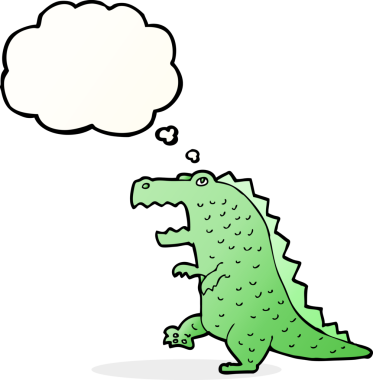 Bir insan tarafından çizilmiş düşünce baloncuklu bir dinozor.