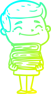 Bir insan tarafından çizilmiş kitap yığınıyla mutlu bir çizgi film adamı çizimi.