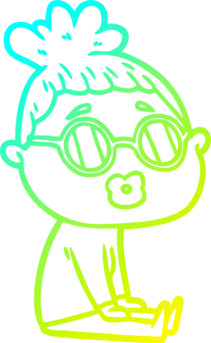 Bir insan tarafından çizilmiş gözlük takan bir kadının çizgi film çizimi.