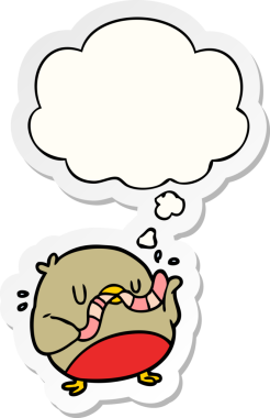 Düşünce baloncuklu solucanlı çizgi film Robin insan tarafından çizilmiş bir çıkartma gibi.