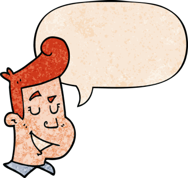 Bir insan tarafından çizilmiş eski tarz konuşma baloncuğu olan çizgi film mutlu bir adam.