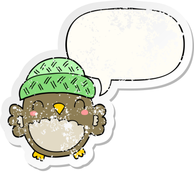 Konuşma baloncuğu olan şapkalı sevimli bir baykuş. Bir insan tarafından çizilmiş sıkıntılı eski bir çıkartma.