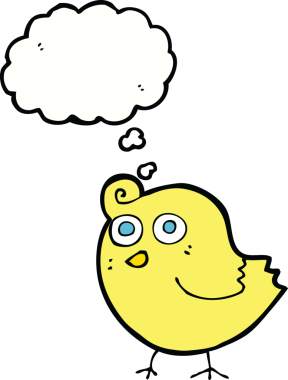 Bir insan tarafından çizilmiş düşünce baloncuklu komik çizgi film kuşu.