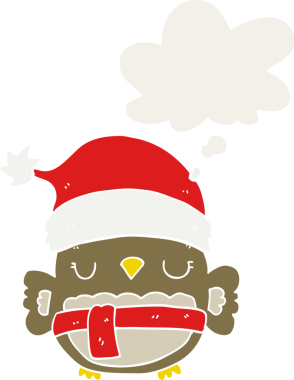 Bir insan tarafından çizilmiş düşünce baloncuğu olan sevimli noel baykuşu.