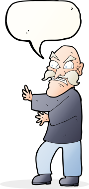 Bir insan tarafından çizilmiş konuşma balonlu kızgın yaşlı adam çizgi filmi.