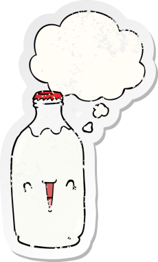 Düşünce baloncuğu olan tatlı çizgi film süt şişesi insan tarafından çizilmiş yıpranmış bir çıkartma gibi.