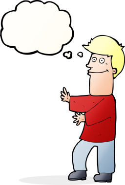 Bir insan tarafından çizilmiş düşünce balonuyla hareket eden bir karikatür adamı.