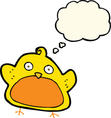 Bir insan tarafından çizilmiş düşünce baloncuklu çizgi film kuşu.